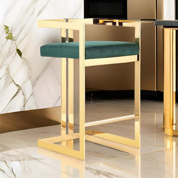 Benjara 25.5 in. Green and Gold Low Back Metal Frame Bar Stool with Velvet Seat