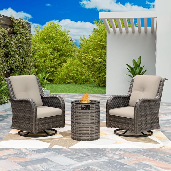MeetLeisure 3-Piece Brown Rattan Wicker Outdoor Fire Pit Table Patio Set Swivel Rocking Chair with Beige Cushions