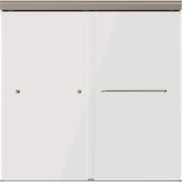 Portwood 52 to 60 in. W x 58 in. H Semi-Frameless Sliding Bathtub Door in Nickel with 1/4 in. Clear Glass