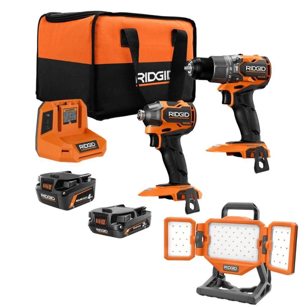 RIDGID 18V NUKE SubCompact Brushless 2-Tool Combo Kit w/ (2) MAX Batteries, & Charger w/ 18V Hybrid LED Panel Light (RNKSCK202R8698)