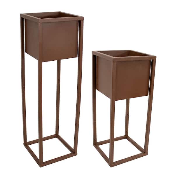 Sunnydaze Sunnydaze Modern Simplicity 8.25 in. x 19.75 in. H and 27 in. H Brown Steel Square Planters