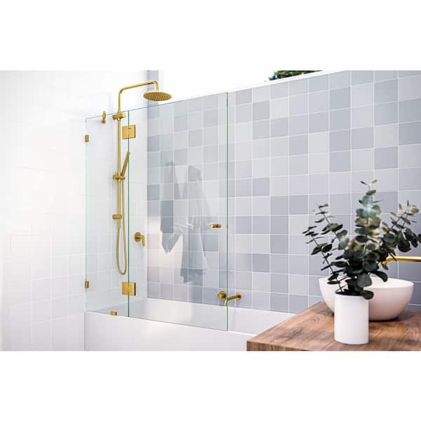 Glass Warehouse Halo 48.5 in. W x 58.25 in. H Glass Hinged Frameless Tub Door in Satin Brass with Clear Glass