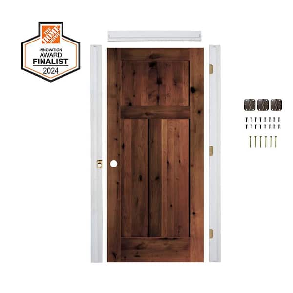 DIY 32 in. x 80 in. Right-Handed Knotty Alder Red Mahogany Stain Wood Single Interior Door Kit w/ Quick Assemble Jamb