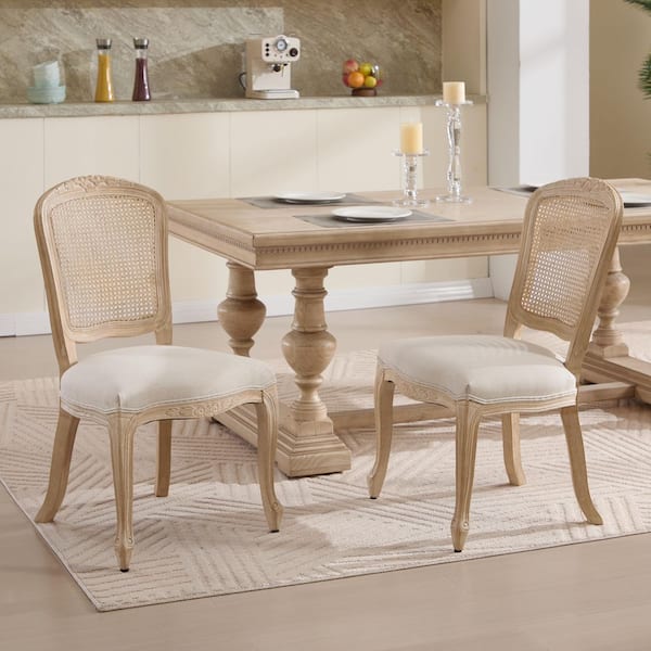 Small Beige Cotton Linen Natural Rattan Backrest Armless Dining Chair (Set of 2) with Fan-Shaped Back