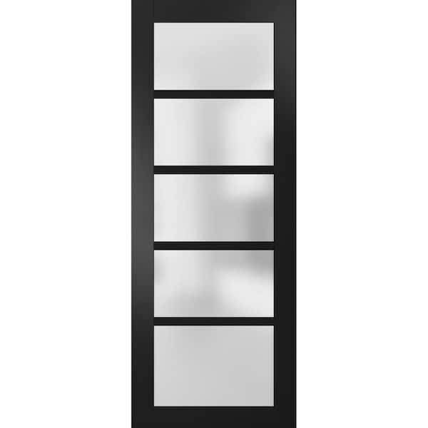 Sartodoors 4002 30 in. x 96 in. 5 Panel No Bore 5 Lites Frosted Glass Solid MDF Core Black Finished Pine Wood  Interior Door Slab