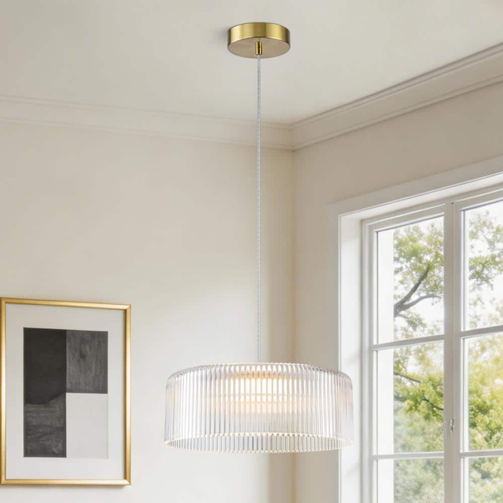 "13.39"" Modern Glam LED Drum Pendant Light, Adjustable Hanging Fixture with Ribbed Clear Acrylic Shade for Kitchen Island" price history on PriceWatchPro