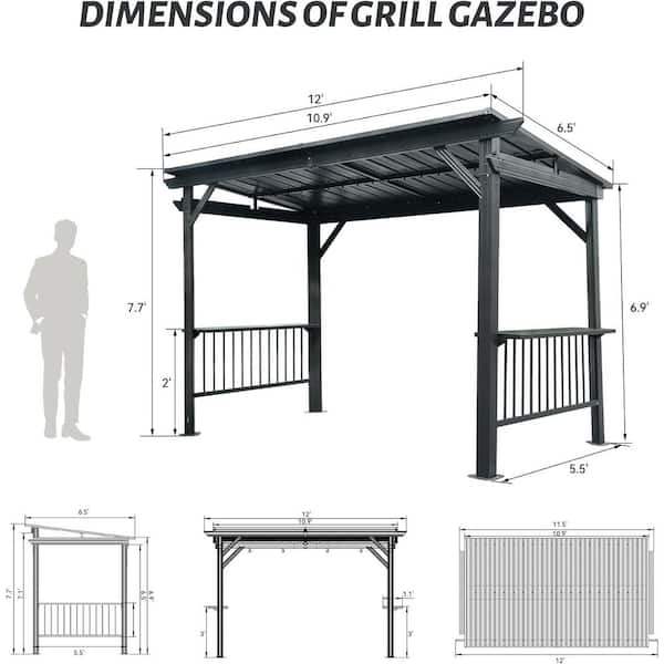 6.5 ft. x 12 ft. Hardtop Grill Gazebo Canopy, BBQ with 2 Side Shelves and Sloping Galvanized Steel Roof, Ceiling Hooks