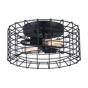 Monteaux 13.65 in. 2-Light Black Flush Mount Ceiling Light Fixture with Metal Wire Caged Shade