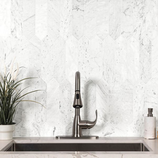Carrara White Picket 11 in. x 12 in. x 0.31 in. Honed Marble Mesh-Mounted Mosaic Floor and Wall Tile (8.9 sq. ft./Case)