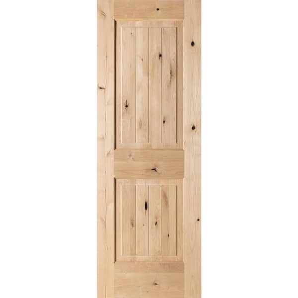 Krosswood Doors 28 in. x 80 in. Knotty Alder 2 Panel Square Top with V-Groove Solid Wood Core Interior Door Slab