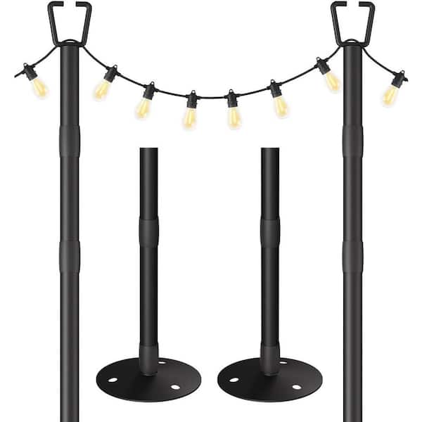 120 in. Black ‎Metal Adjustable Shepard's Hooks, String Light Poles, Light Pole with Hard Ground (2-Pack)