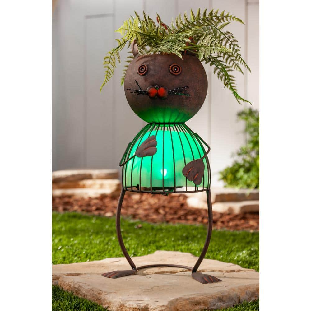 20" Green Solar Lighted Metal Cat Planter for Outdoor