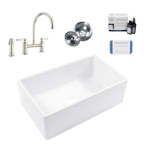 Bradstreet II 30 in. Farmhouse Apron Front Undermount Single Bowl White Fireclay Kitchen Sink with Nickel Faucet Kit