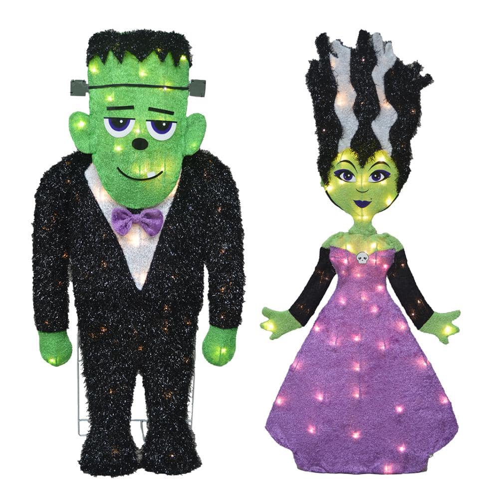 Spooky Town 28 in. Tall Bride and Monster Outdoor 2D LED Yard Decor Set (2-