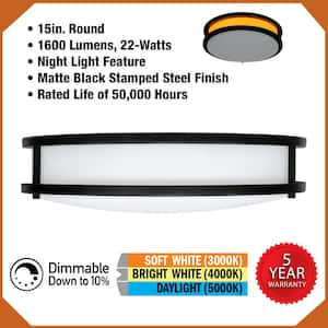 15 in. Orbit LED Matte Black Flush Mount with Night Light Feature 1600 Lumens 3000K 4000K 5000K (4-Pack)