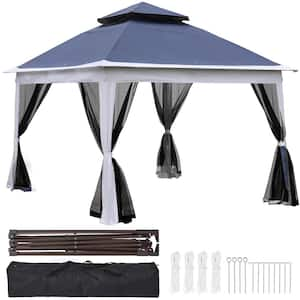 11 ft. x 11 ft. Beige Steel Pop-Up Gazebo with Mosquito Netting for Patio and Lawn, Blue