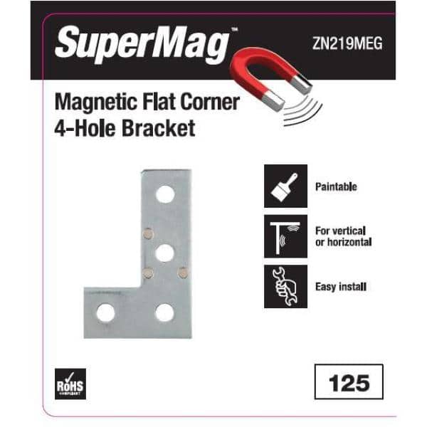 4-Hole Flat Corner Bracket with Magnets - Strut Fitting - Silver Galvanized (ZN219MEG)