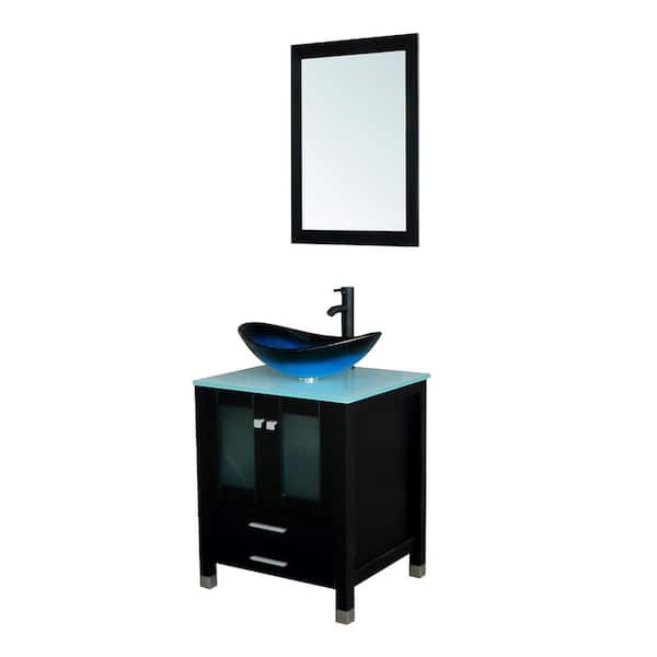 Wonline 24 in. W x 21.7 in. D x 29.5 in. H Single Sink Bath Vanity in Black with Glass Top and Mirror