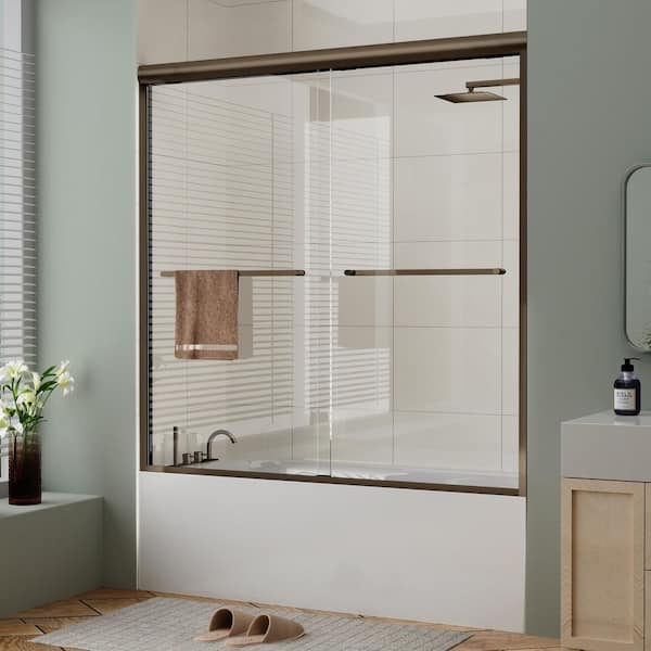56 to 60 in. W x 58 in. H Sliding Framed Tub Door in Oil Rubbed Bronze with Clear Glass