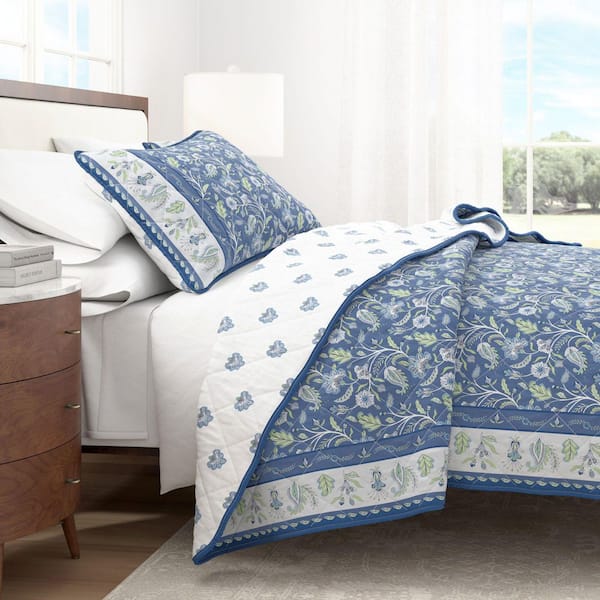 Blue Floral and Border Printed 2-Piece Twin / Twin XL Cotton Quilt Bedding Set