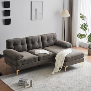 83 in. W Square Arm 3-Piece Velvet Upholstered L-Shaped Sectional Sofa in. Brown with Golden Metal Legs