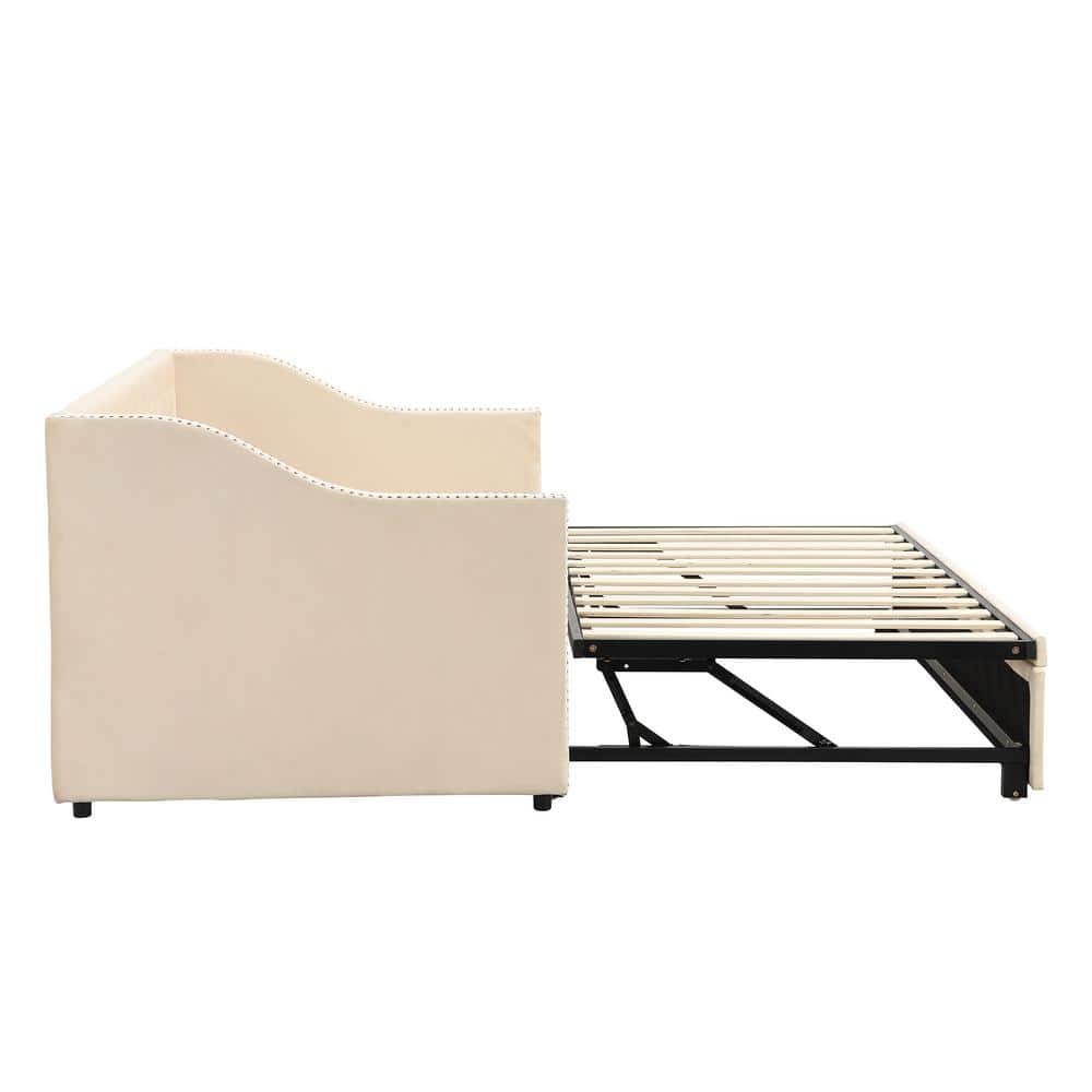 Beige Twin Size Soft Velvet Upholstered Tufted Daybed with Pop Up Trundle - thumbnail 10