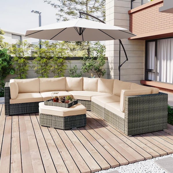 Xzkai 6-Piece Wicker Conversation Set with Beige Cushions and Small Trays