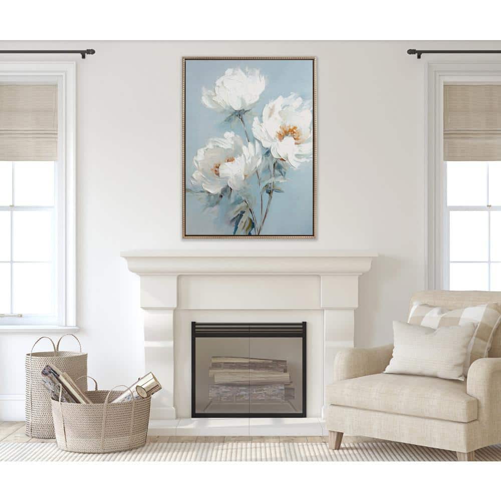 White Peonies on Ocean Blue Canvas with Gold Beaded Frame