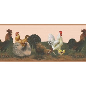Falkirk Dandy White, Brown, Yellow Rooster, Hen, Chicks Country Peel and Stick Wallpaper Border