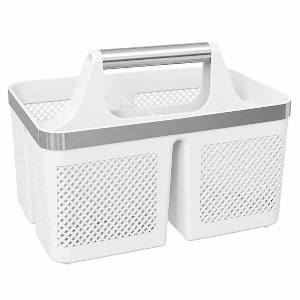 Portable Plastic Shower Caddy with Handle and Drainage Holes in White for Toiletry and Cleaning Supplies Storage