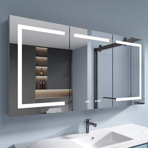 60 in. W x 30 in. H Rectangular Silver Aluminum Recessed/Surface Mount Fog Free Lighted Medicine Cabinet with Mirror
