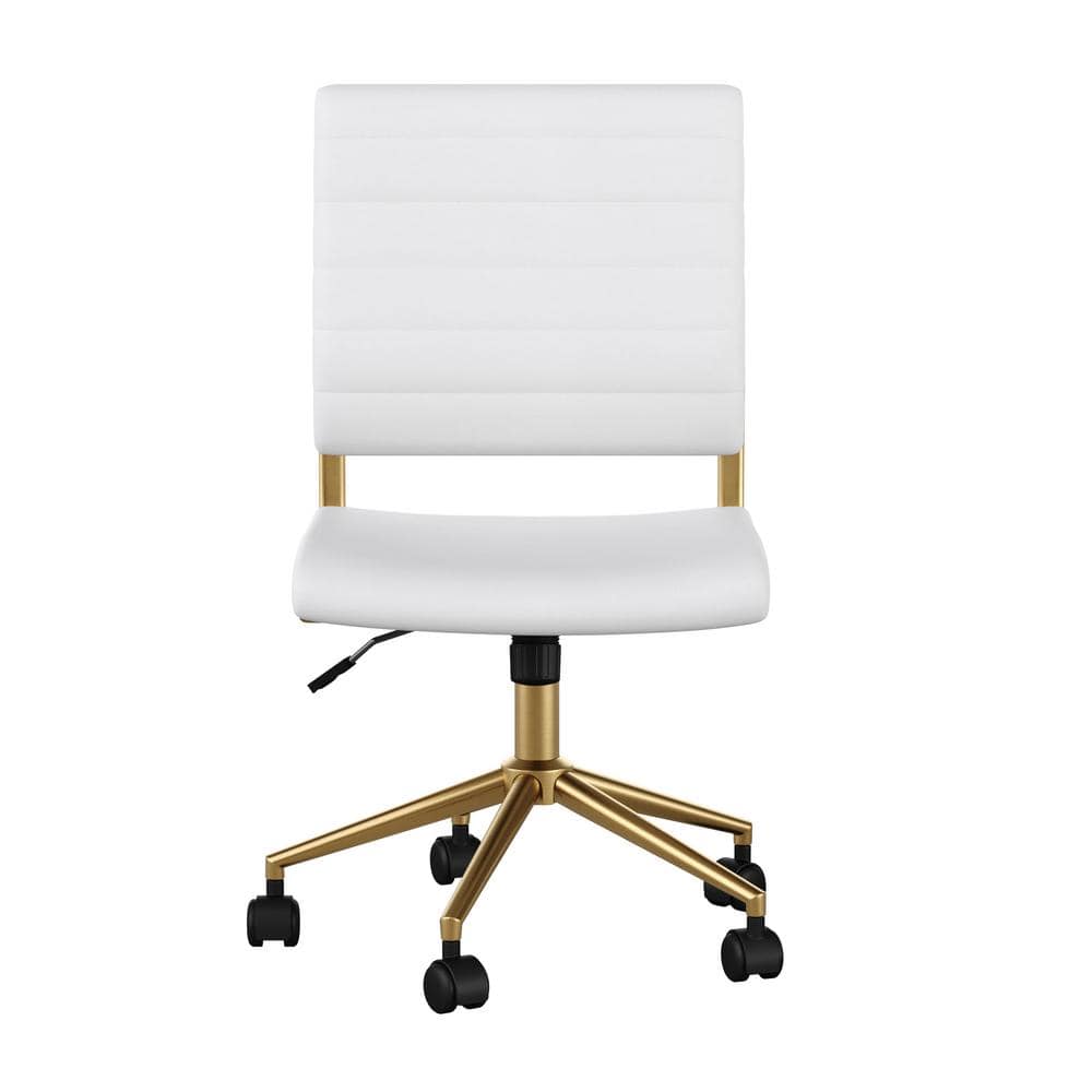 White Faux Leather Armless Swivel Office Chair with Brass Frame