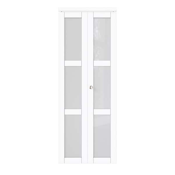 ARK DESIGN 30 in. x 80 in. 3-Lite Frosted Glass Solid Core MDF White Finished Closet Bi-Fold Door with Hardware
