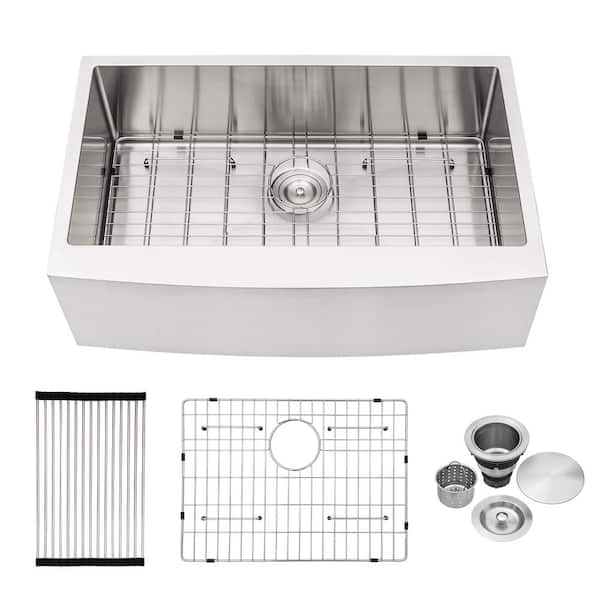 30 in. Farmhouse/Apron-Front Single Bowl 16-Gauge Brushed Nickel Stainless Steel Kitchen Sink with Accessories