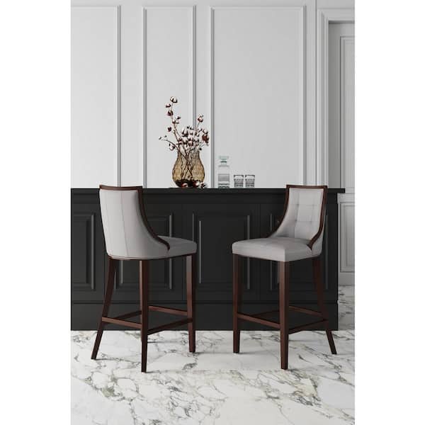 Manhattan Comfort Fifth Avenue 31.5 in. Light Grey Beech Wood Bar Stool with Faux Leather Upholstered Seat (Set of 3)
