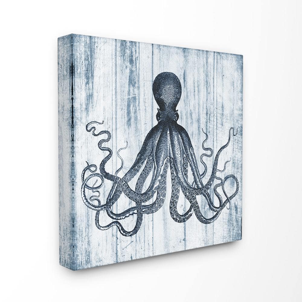 30 in. x 30 in. Blue Distressed Octopus Ocean Animal Illustration by P