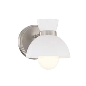 Meridian 7 in. W x 6 in. H 1-Light Brushed Nickel Wall Sconce with White Metal Shade