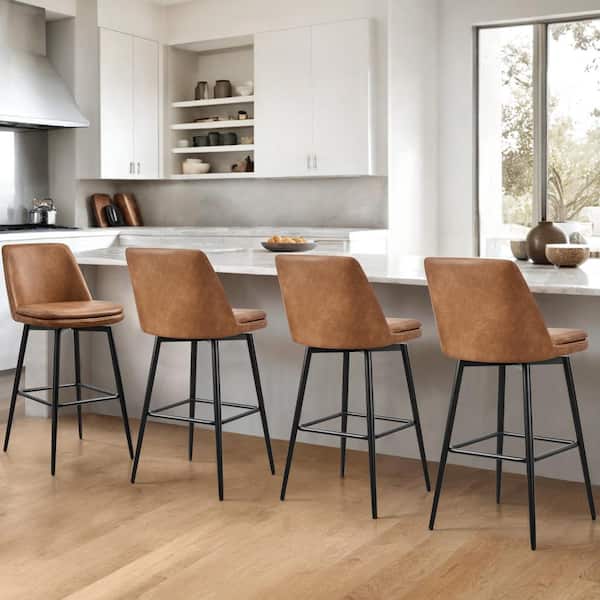 Cecily 30 in. Cognac Brown High Back Metal Swivel Bar Stool with Faux Leather Seat (Set of 2)