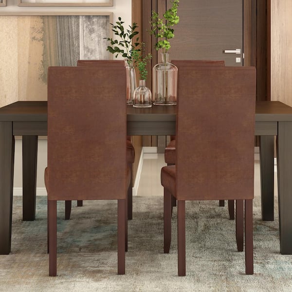 Simpli Home Acadian Transitional Parson, Distressed Brown Leather Dining Chairs