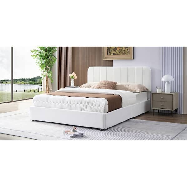 VECELO Upholstered Bed White Metal Frame Full Size Platform