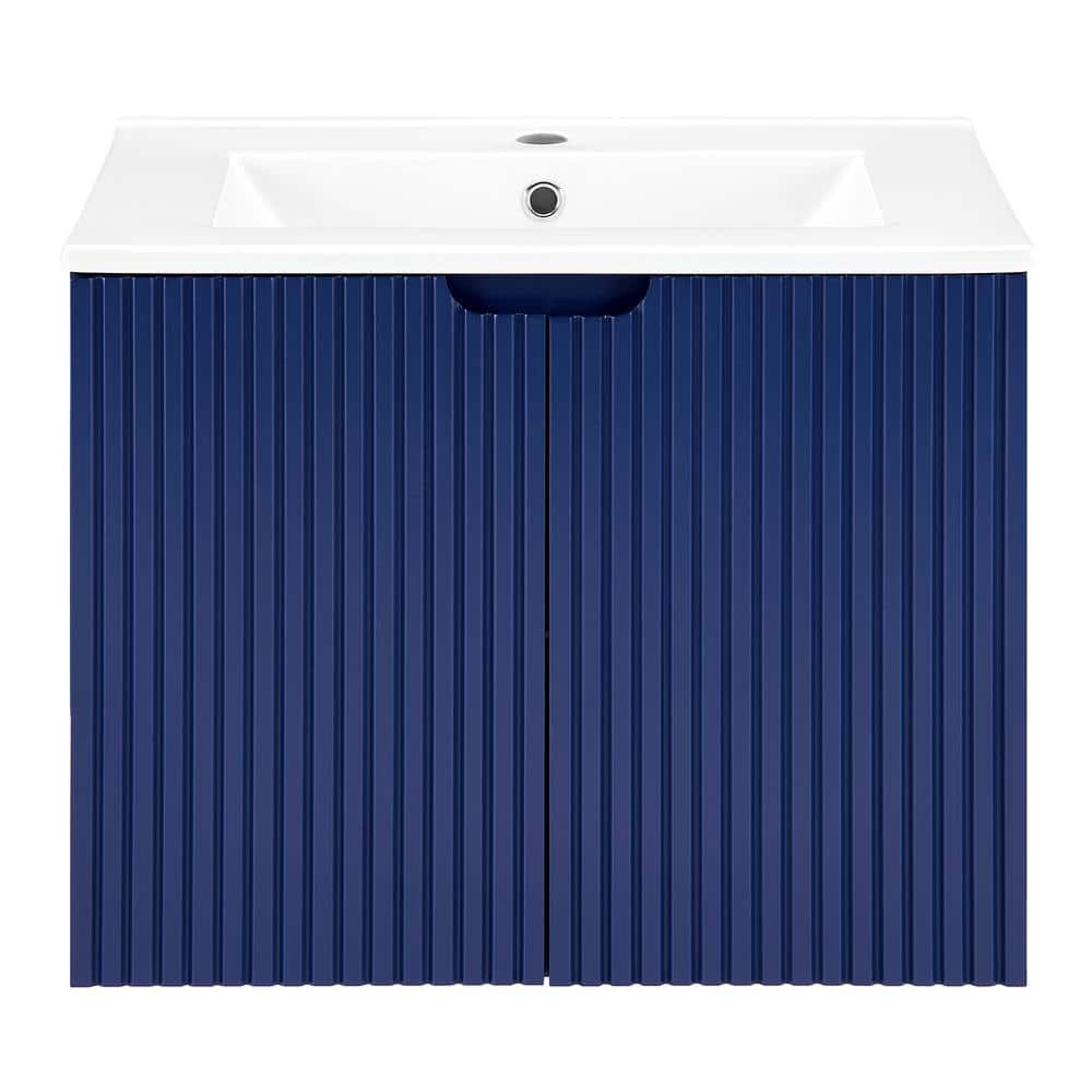 23.6. L x 17.72. W x 18.7 in. Blue MDF Ready to Assembly Floating Wall Mounted Bathroom Vanity with White Sink and Doors