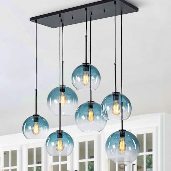 Reverso 7-Light 41.7 in. W Matte Black Waterfall Cluster Rectangler Large Modern Chandelier with 2-Size Globe Blue Glass