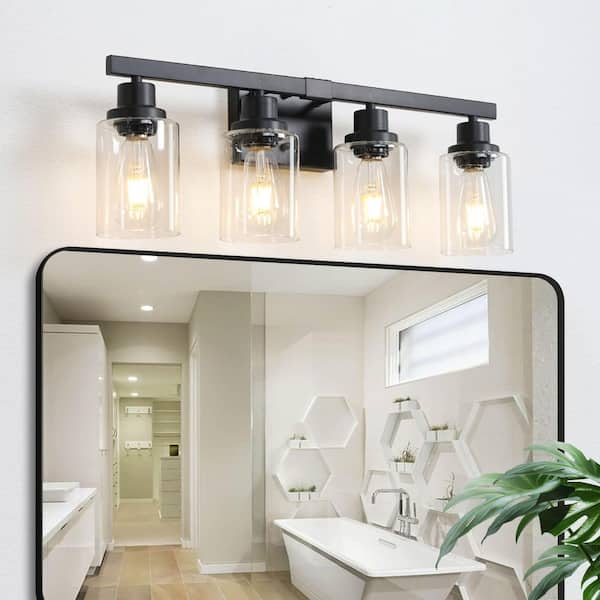 24.2 in. 4 Black Vanity Light Fixture with Clear Glass Shades