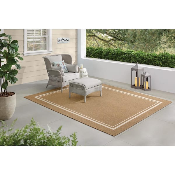 Beige White 8 x 10 Border Indoor/Outdoor Area Rug