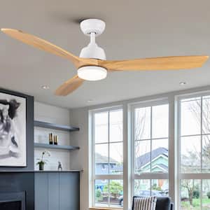 Modern 52 in. Indoor/Outdoor Integrated White Solid Wood Ceiling Fan with Light, Remote and 3 Yellow Wood Grain Blades