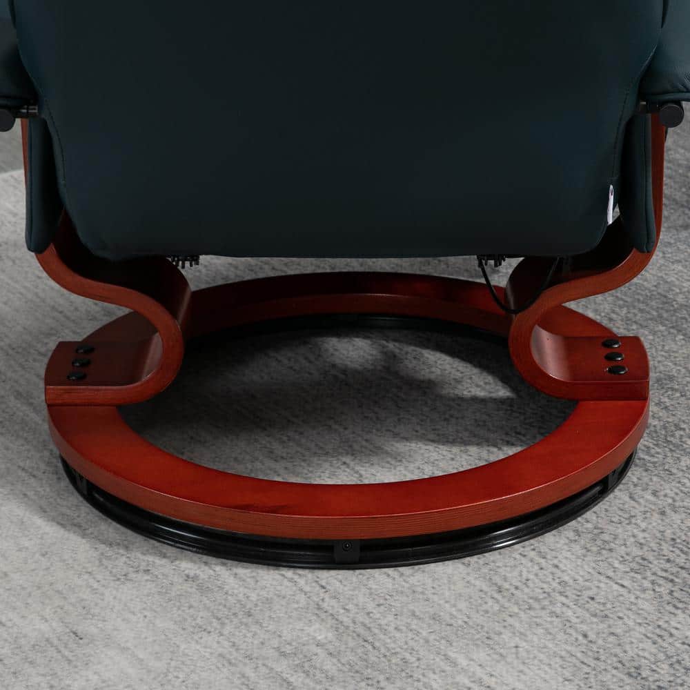 Blue Faux Leather Swivel Recliner with Wood Base