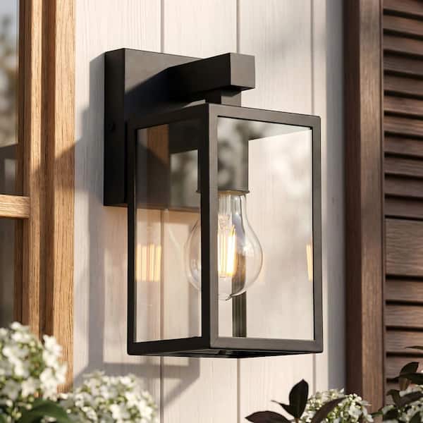 9.3 in. Black Outdoor Wall Lantern Sconce Modern Exterior Light with Clear Glass Shade for Porch, Patio, or Garage
