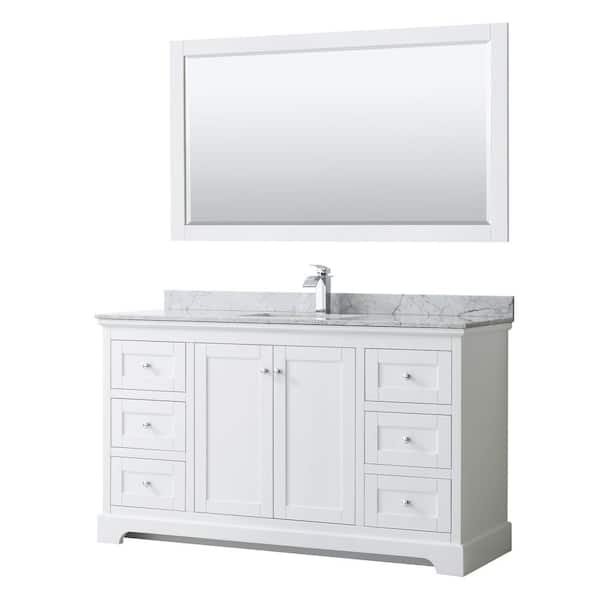 Wyndham Collection Avery 60 in. W x 22 in. D Bath Vanity in White with Marble Vanity Top in White Carrara with White Basin and Mirror