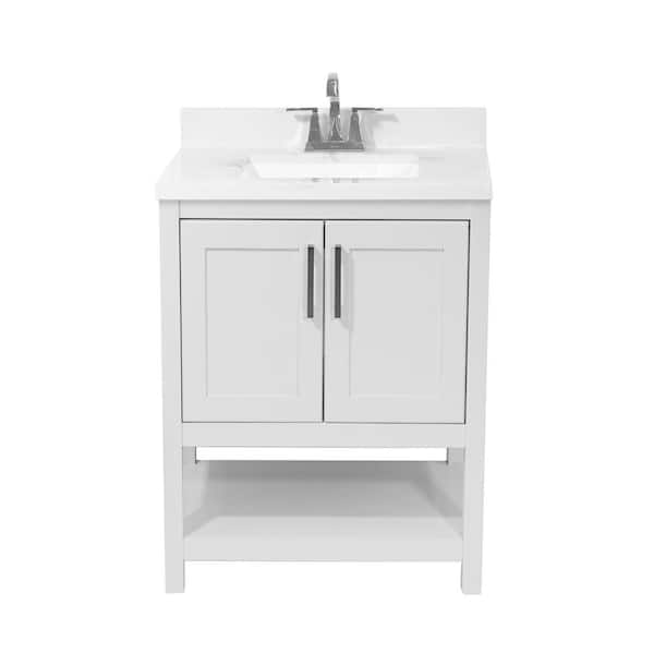Tufino 25 in. Bath Vanity in White with Cultured Marble Vanity Top with Backsplash in Carrara White with White Basin