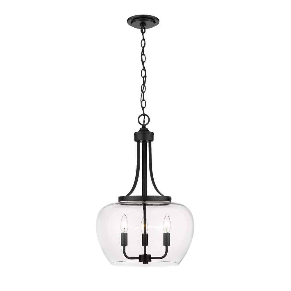 Matte Black Steel and Glass 3-Light Pendant